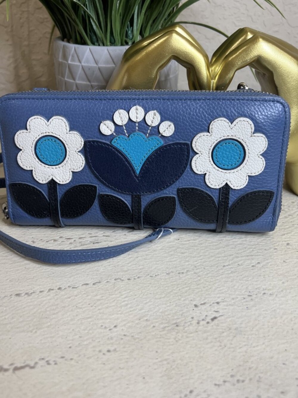 BRIGHTON Blue Floral Leather Zip Around Wallet Purse Crossbody Lightweight